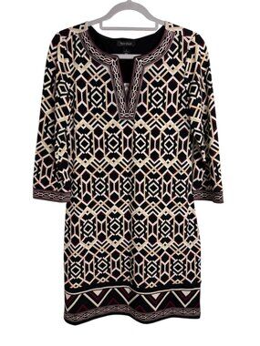 White House Black Market Geometric Print Dress S Embroidered Notch Neck